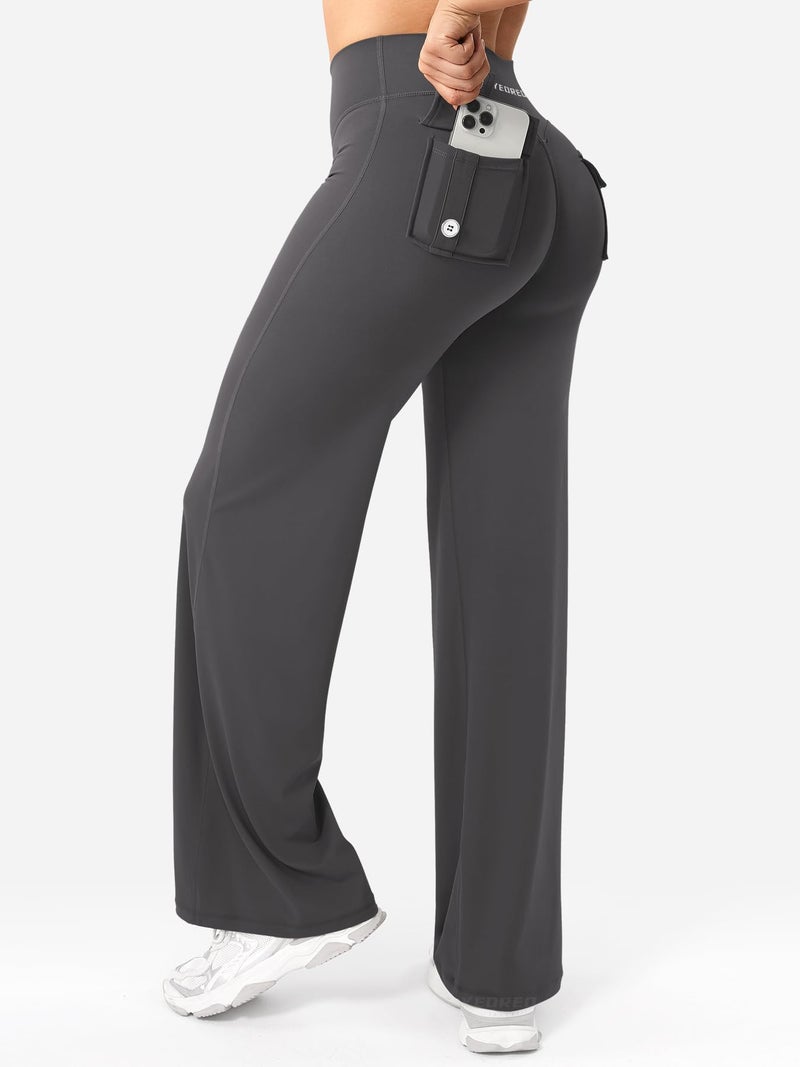 YEOREO Straight Leg Leggings with Pockets Cargo Workout Leggings for Women No Front Seam Hidden Scrunch High Waist Yoga Pants Dark Gray-L - Image 5
