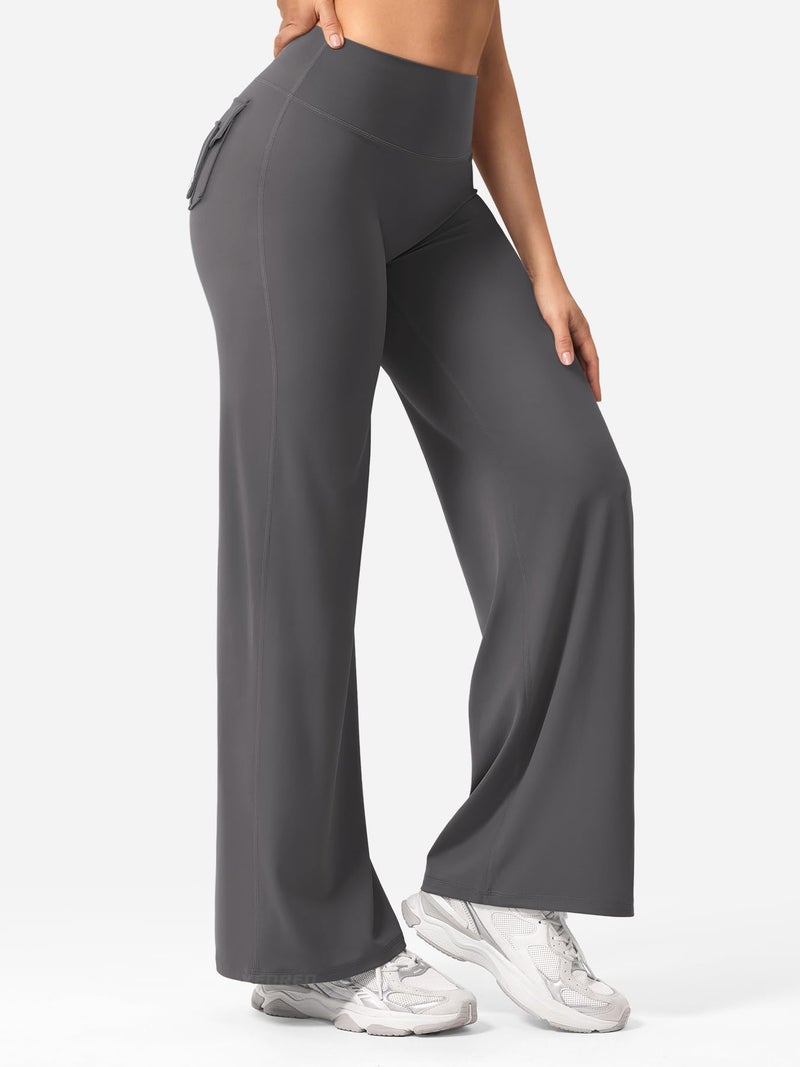 YEOREO Straight Leg Leggings with Pockets Cargo Workout Leggings for Women No Front Seam Hidden Scrunch High Waist Yoga Pants Dark Gray-L - Image 3