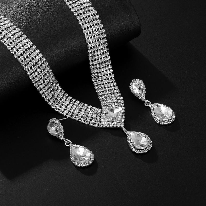 Waterdrop Crystal Necklace Earrings Bracelet Set   Silver  3PC - Image 5