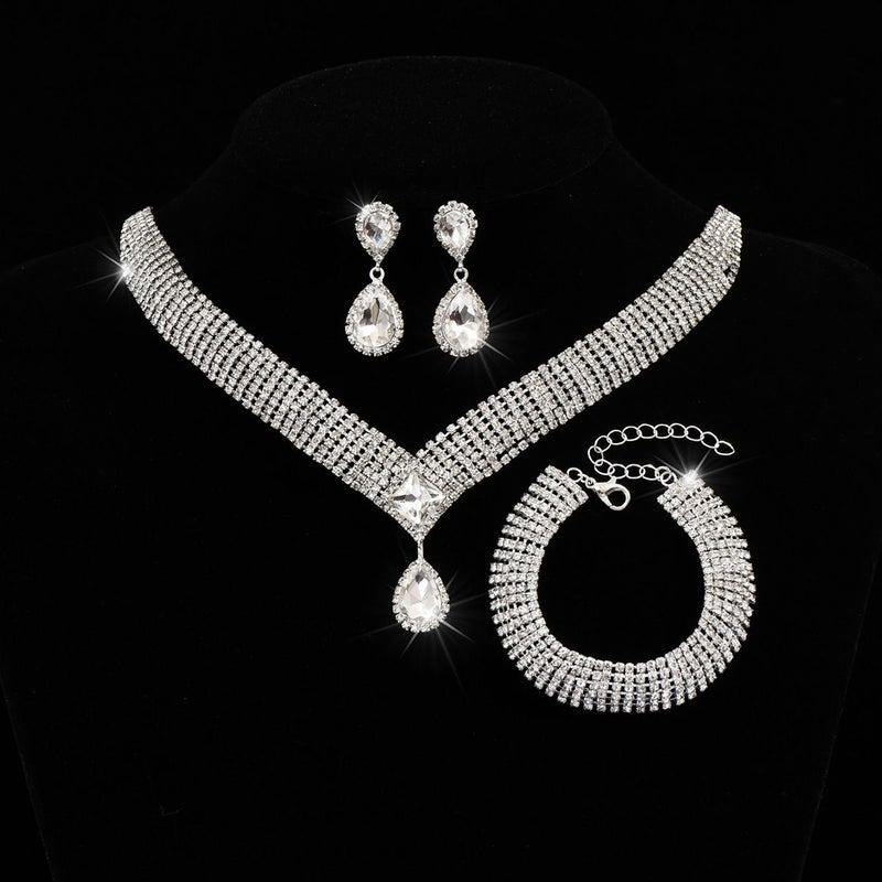 Waterdrop Crystal Necklace Earrings Bracelet Set   Silver  3PC - Image 2