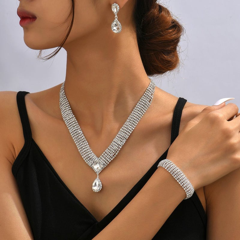 Waterdrop Crystal Necklace Earrings Bracelet Set   Silver  3PC - Image 3