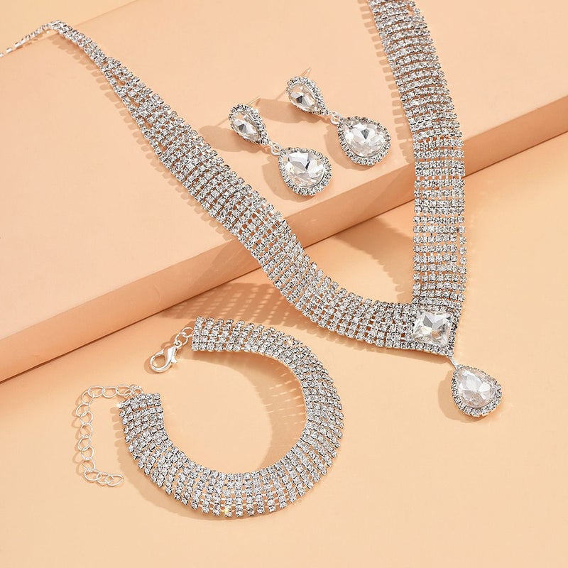 Waterdrop Crystal Necklace Earrings Bracelet Set   Silver  3PC - Image 4