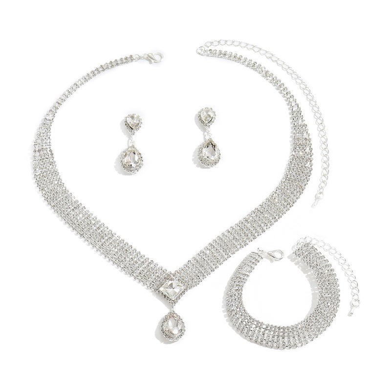 Waterdrop Crystal Necklace Earrings Bracelet Set   Silver  3PC - Image 1