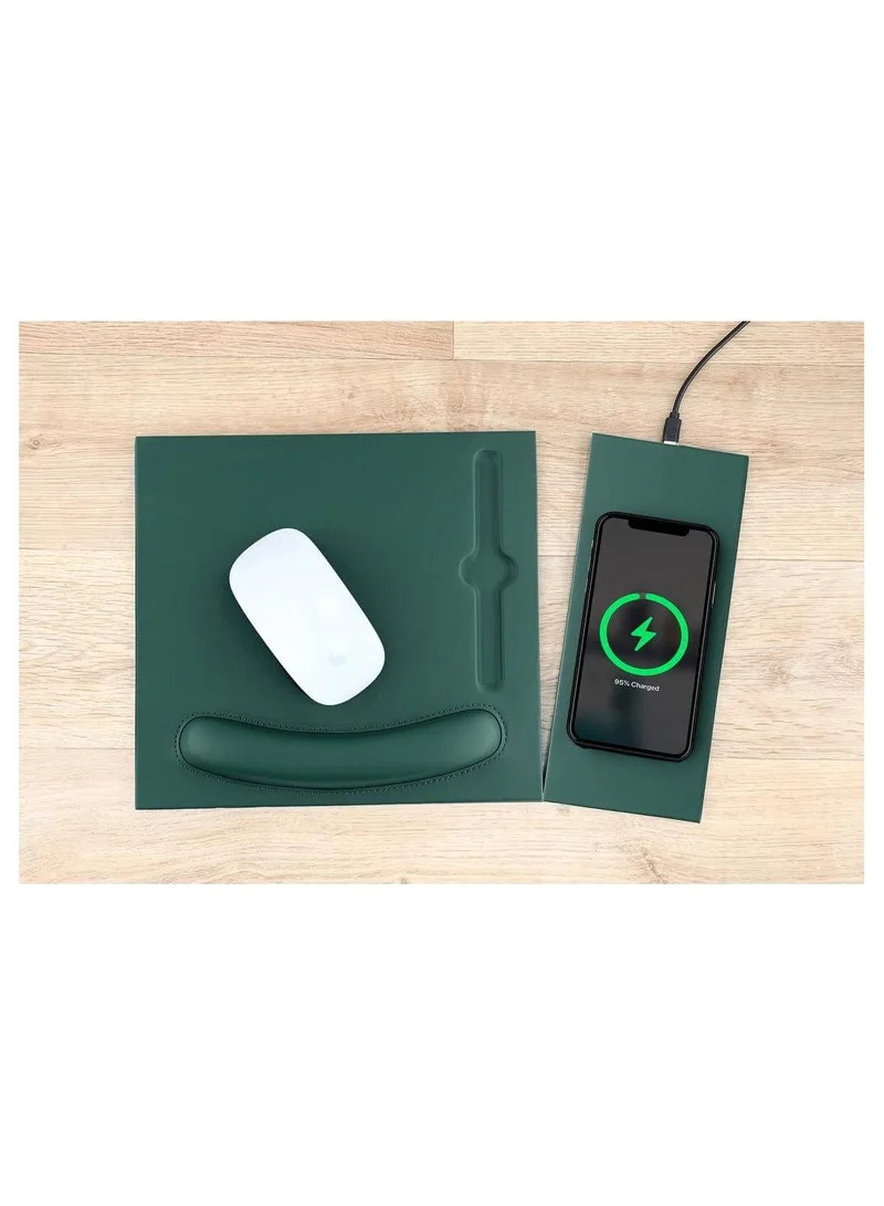 Memorii Mouse pad with wrist support | 2-in-1 mousepad with detachable and attachable 10W wireless charger pad, tech gift for men, boss, office corporate gifts (Dark Green)