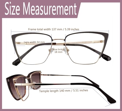 Circleperson Cat Eye Magnet glasses 2 in 1 Polarized clip on Sunglasses for Women 54-18-146 Metal Spring hinges(Gray/Silver,gray) - Image 2