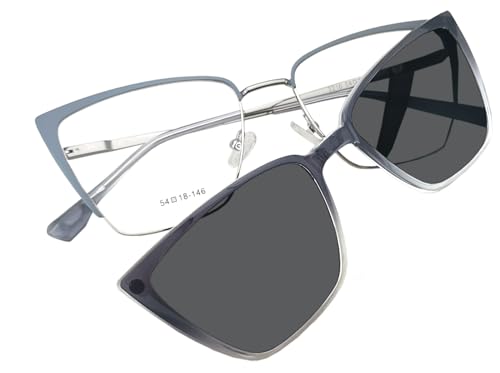 Circleperson Cat Eye Magnet glasses 2 in 1 Polarized clip on Sunglasses for Women 54-18-146 Metal Spring hinges(Gray/Silver,gray) - Image 5