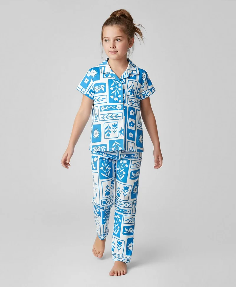 Pine Kids Pine Kids Single Jersey Knit Short Sleeves Co-ords Night Suit With Floral Print - White/Blue