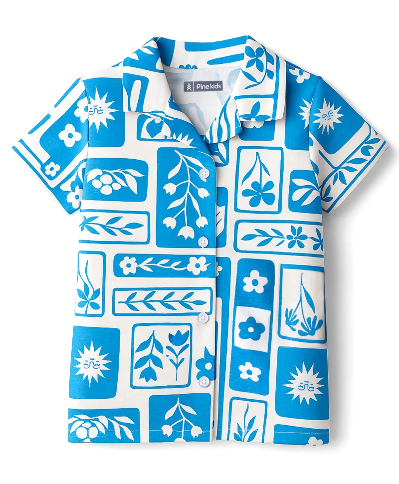 Pine Kids Pine Kids Single Jersey Knit Short Sleeves Co-ords Night Suit With Floral Print - White/Blue