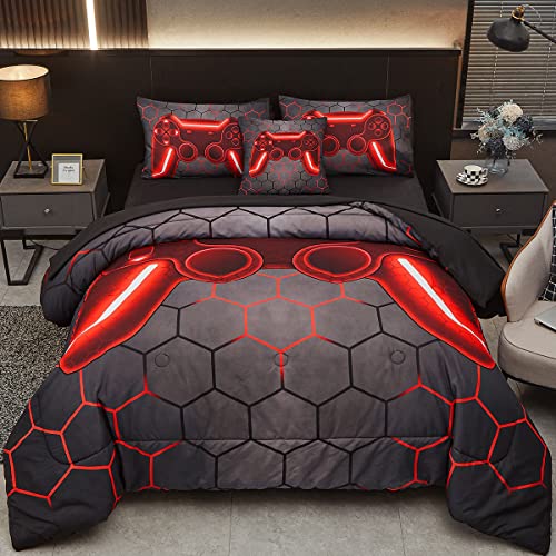 Tasselily Game Console Red Comforter Set with Sheets, 6 Pcs Bed in A Bag Geometric Lightweight Full Size Boys Bedding Set for Girls Kids - Image 1