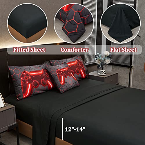 Tasselily Game Console Red Comforter Set with Sheets, 6 Pcs Bed in A Bag Geometric Lightweight Full Size Boys Bedding Set for Girls Kids - Image 4