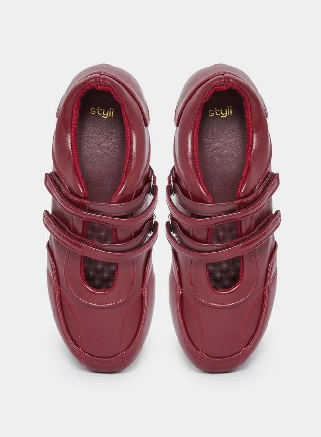 Styli Styli Burgundy Leather Look Two Straps Loafers
