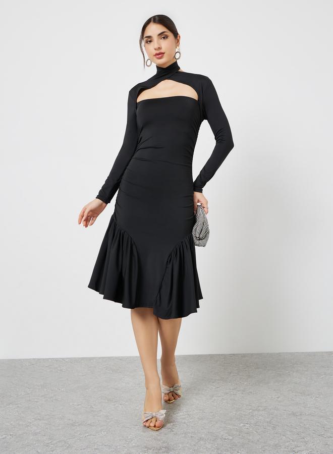 ستايلي فستان قصيربحافة واسعة وأكمام طويلة مع تفاصيل مقصوصة - Image 2