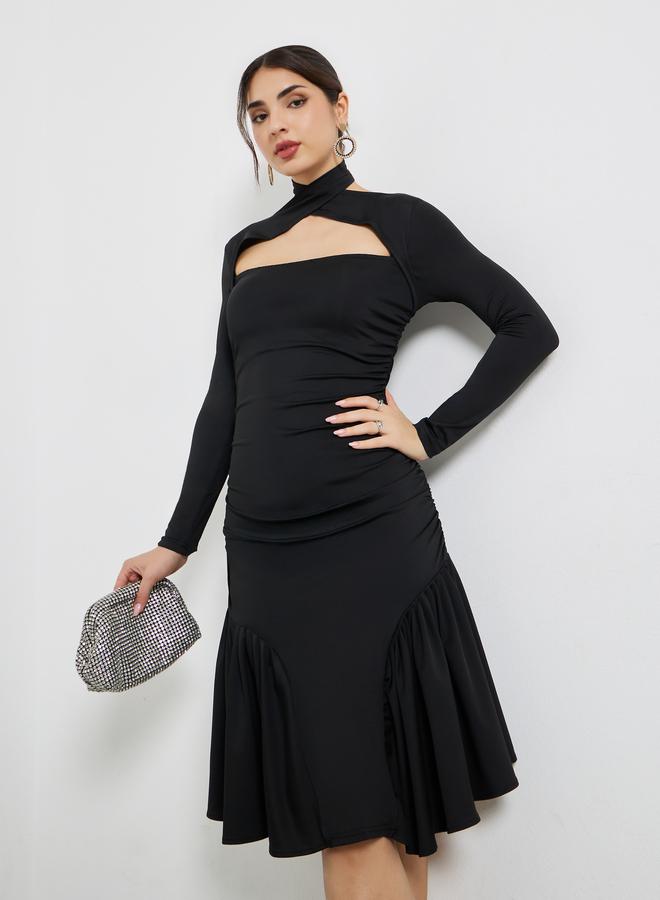 ستايلي فستان قصيربحافة واسعة وأكمام طويلة مع تفاصيل مقصوصة - Image 1