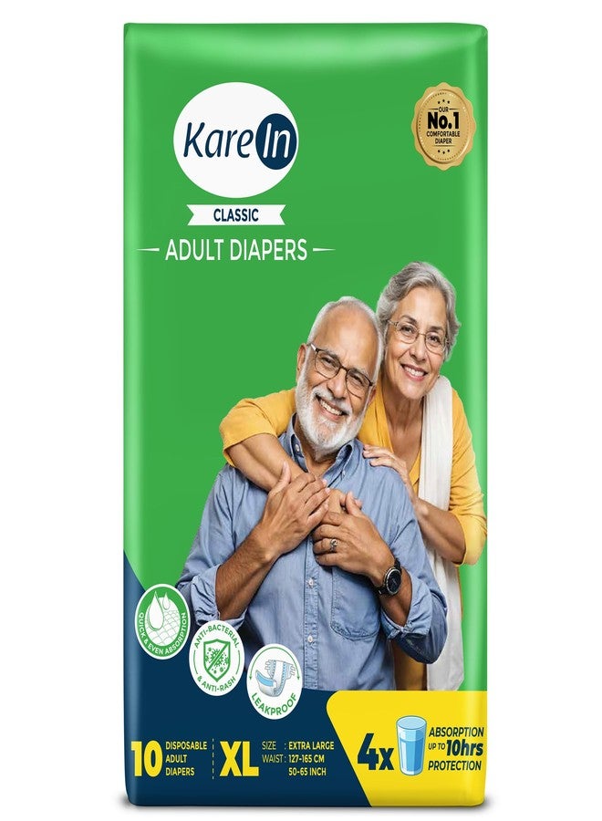 KareIn Classic Adult Diapers, Extra Large, Waist Size 127-165 Cm (50"-65"), 10 Count, Tape Style, Unisex, High Absorbency, Leak Proof, Wetness Indicator - Image 1