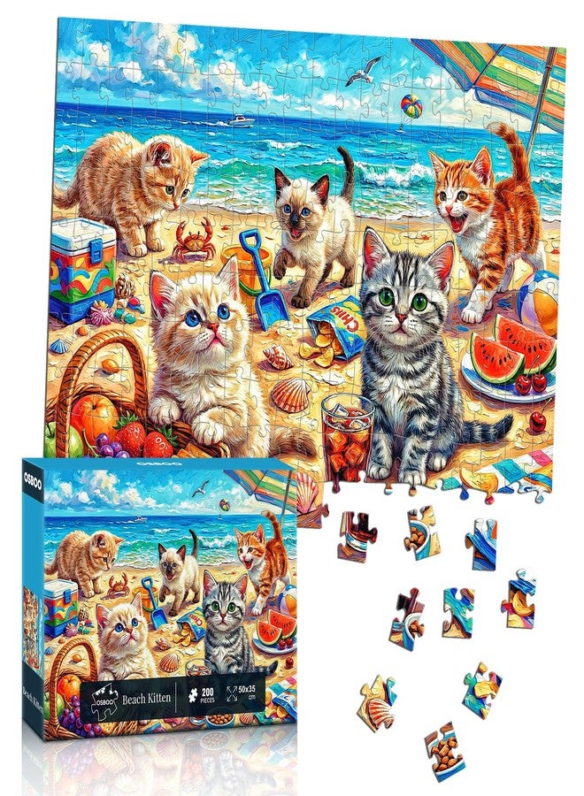 OSBOO Puzzles for Kids Ages 6-8 8-10, 200 Piece Jigsaw Puzzles for Kids and Adults - Beach Kitten, Learning Educational Puzzles Toys for Boys and Girls - Image 1
