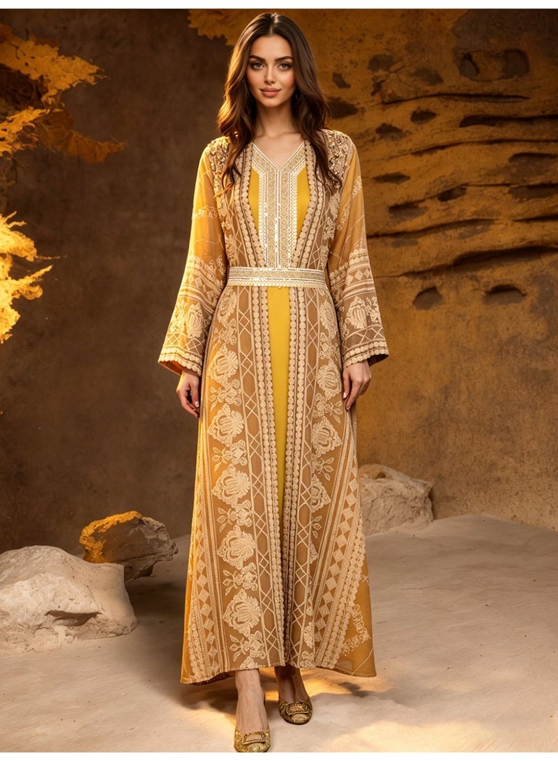 Kaiyuede Dubai Gold Embroidered Two-Piece Abaya Set | Long Sleeve Inner Dress + Belted Outer Abaya Opaque Lined Modest Dress for Eid & Wedding - Image 1