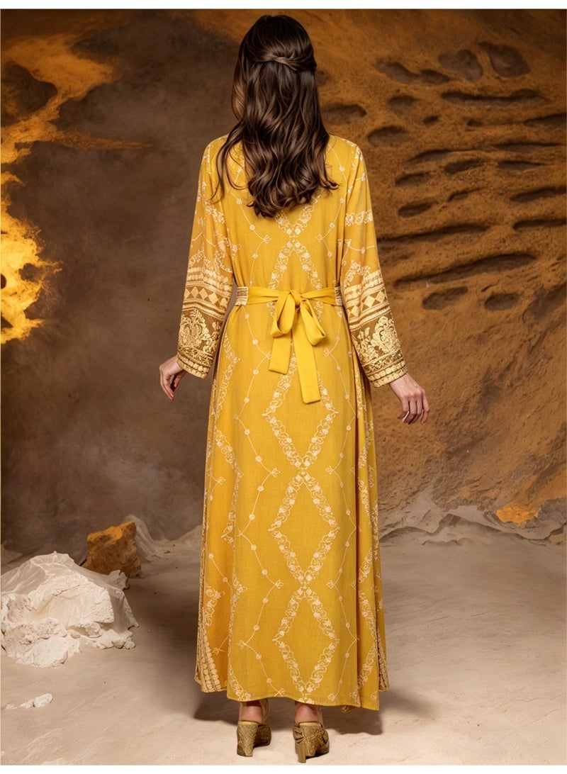 Kaiyuede Dubai Gold Embroidered Two-Piece Abaya Set | Long Sleeve Inner Dress + Belted Outer Abaya Opaque Lined Modest Dress for Eid & Wedding - Image 3