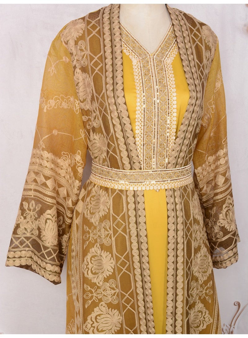 Kaiyuede Dubai Gold Embroidered Two-Piece Abaya Set | Long Sleeve Inner Dress + Belted Outer Abaya Opaque Lined Modest Dress for Eid & Wedding - Image 2