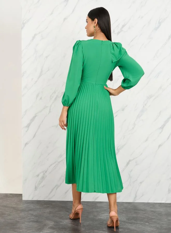 Take Two Ruffle Shoulder Detail Pleated A Line Midi Dress