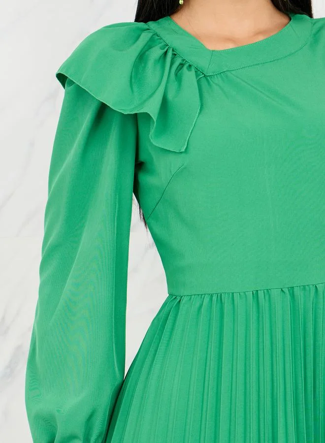 Take Two Ruffle Shoulder Detail Pleated A Line Midi Dress