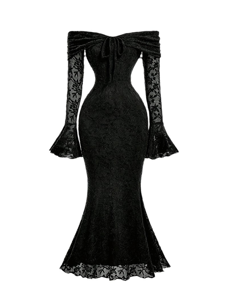Early Autumn New Gyaru And Cute Date Essential Party Outfit Sweet Sexy Little Dress Square Neck Design Tie-Up Design Flared Sleeve Design Women'S Tight Long Sleeve Dress Fishtail Skirt Di... - Image 1