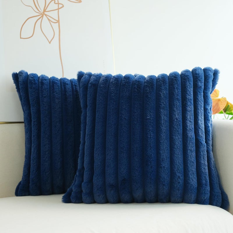 JOJUSIS Pack of 2 Faux Fur Plush Decorative Throw Pillow Covers Couch Cushion Case Soft Pillowcases (Navy Blue, 18 x 18-Inch) - Image 1