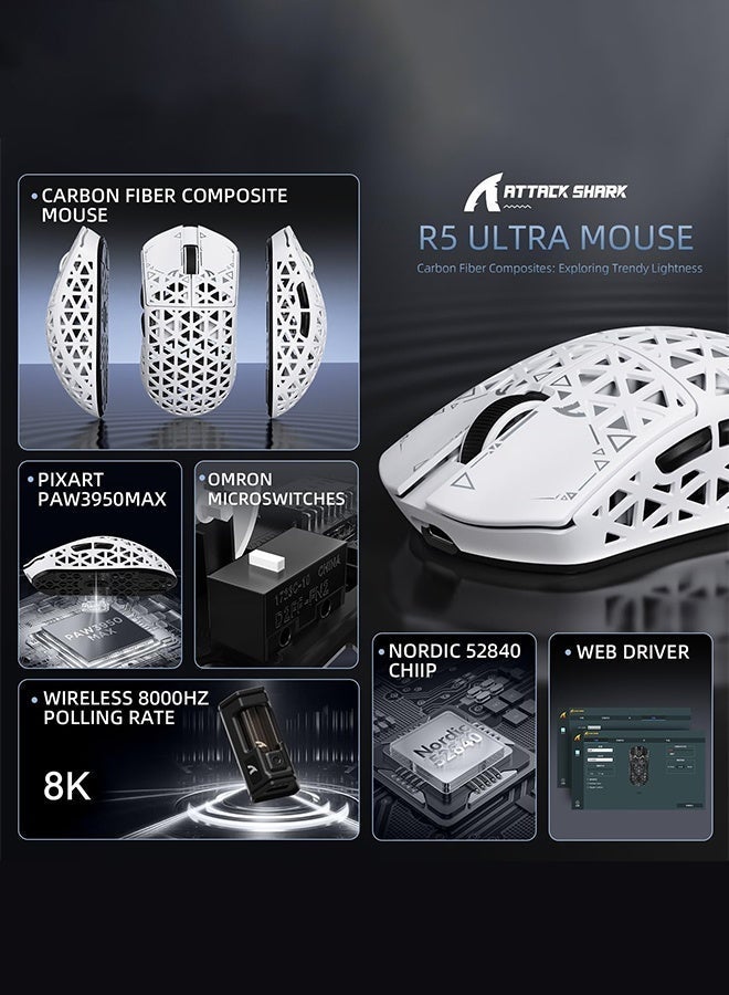 Attack Shark R5Ultra 8K Carbon Fiber Wireless Gaming Mouse with 42,000 DPI -PAW3950 MAX Sensor -39g Ultra-Lightweight -Nordic52840 MCU Chip -Wired/BT/2.4GHz Wirelss Programmable Mouse for PC/Mac9 (White） - Image 2