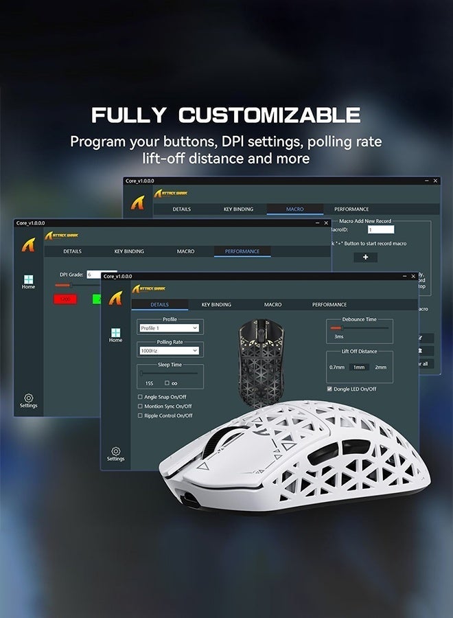 Attack Shark R5Ultra 8K Carbon Fiber Wireless Gaming Mouse with 42,000 DPI -PAW3950 MAX Sensor -39g Ultra-Lightweight -Nordic52840 MCU Chip -Wired/BT/2.4GHz Wirelss Programmable Mouse for PC/Mac9 (White） - Image 4