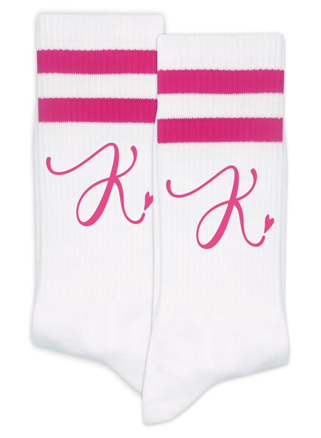 SSQBZU White Socks with Stripe & the Letter ‘K’ in Hot Pink Color, Birthday Gifts for Women, Back-to-School Season Gifts for Girls, Girlfriend, Classmates, Best Friends, Sisters, Her, Lady, Wife, Mom. (011) - Image 1