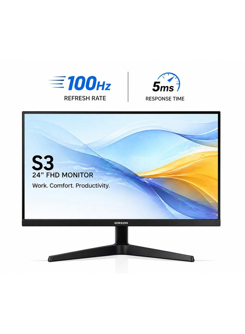 Samsung 24 inch S3 S33GF FHD Monitor 100Hz, Smooth Motion, 5ms Response, HDMI/VGA, Eye Comfort Technology, Ideal for Work & Gaming, Black | LS24F330EAMXUE Black Black - Image 1