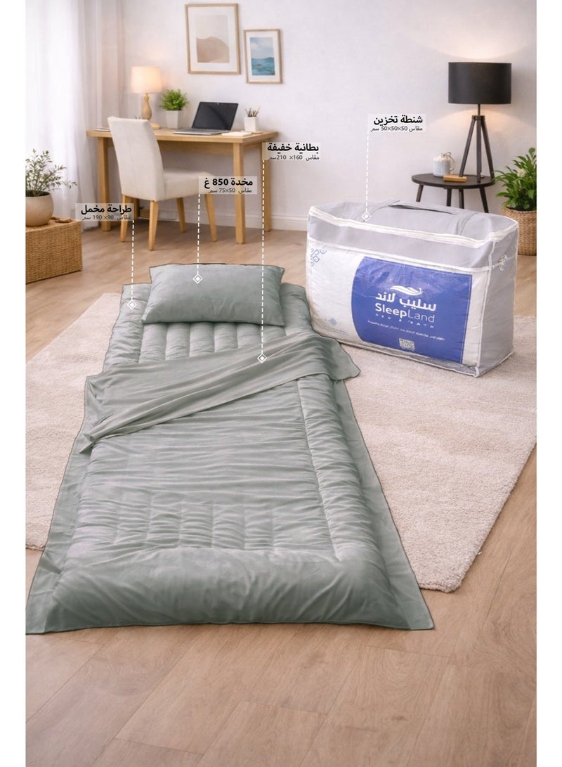 SleepLand Guests & Travel Bundle – Light Green   Sleeping Mat with Blanket Pillow and Storage Bag  Product Description - Image 1