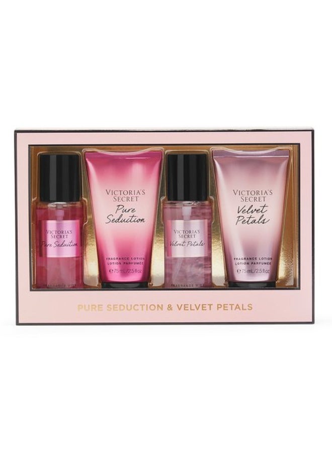 فيكتوريا سيكريت مجموعة 4 × 75 مل (رذاذ الإغراء النقي ولوشن الجسم + رذاذ بتلات المخمل ولوشن الجسم) - Image 1
