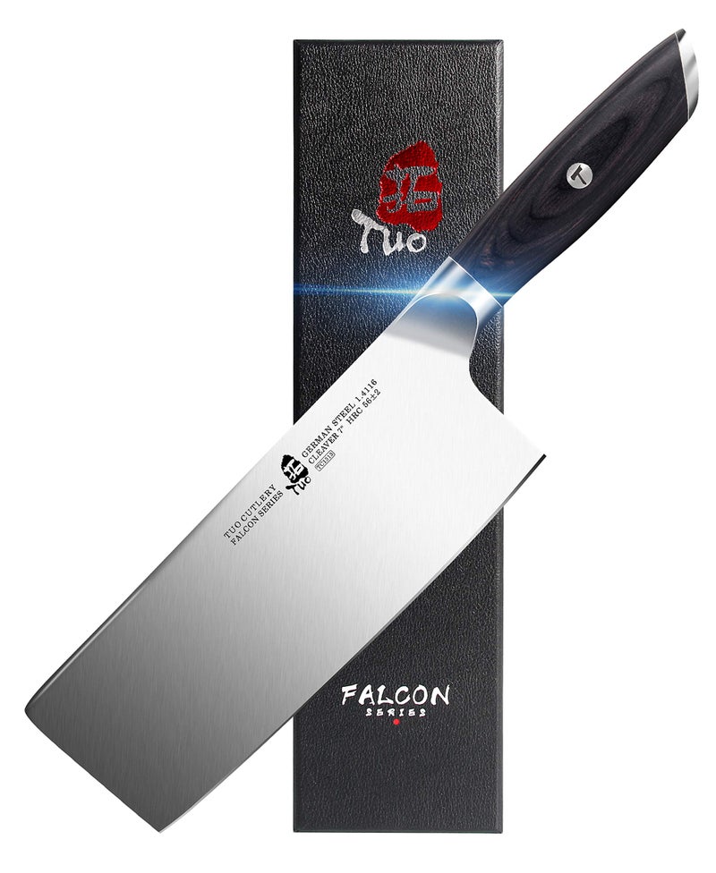 TUO Cleaver Knife 7 Inch Meat Cleaver Chopping Knife High Carbon German Stainless Steel Ergonomic Full Tang Pakkwood Handle with Gift Box  Falcon Series