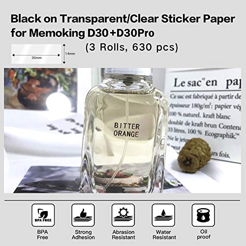Memoking Label Maker Tape - D30 Transparent Clear Label, Waterproof Thermal Printer Tape, 14x30mm/0.55x1.18inch for Name Price Classification, Compatible with Memoking/Phomemo D30, 3 Rolls - Image 2