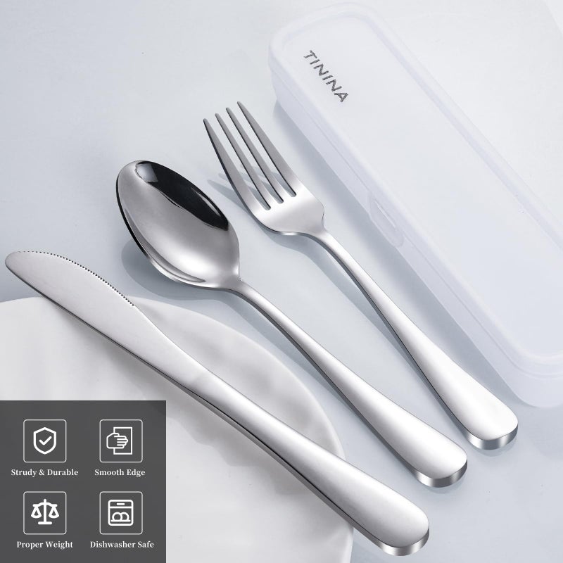 Travel Utensils with Case, 4-Piece Stainless Steel Portable Cutlery Set, Reinforced Case with Buckle Design, Lunch Box for Camping Work School, Include Fork Spoon Knife, Dishwasher Safe, Silver - Image 2
