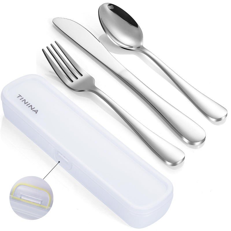 Travel Utensils with Case, 4-Piece Stainless Steel Portable Cutlery Set, Reinforced Case with Buckle Design, Lunch Box for Camping Work School, Include Fork Spoon Knife, Dishwasher Safe, Silver - Image 1