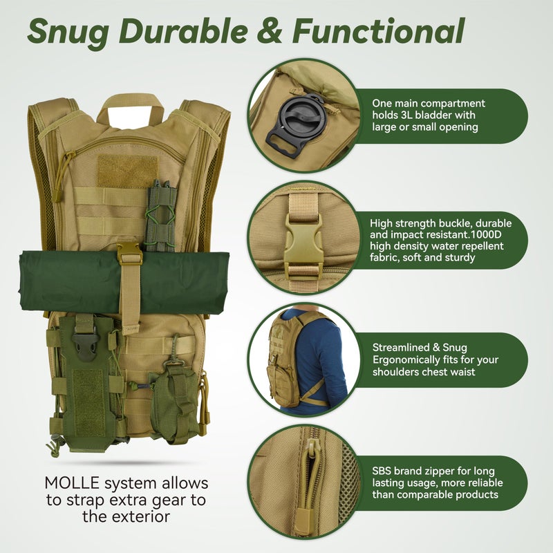 MARCHWAY Tactical Molle Hydration Pack Backpack with 3L TPU Water Bladder, Military Daypack for Cycling, Hiking, Running, Climbing, Hunting, Biking (Tan) - Image 3