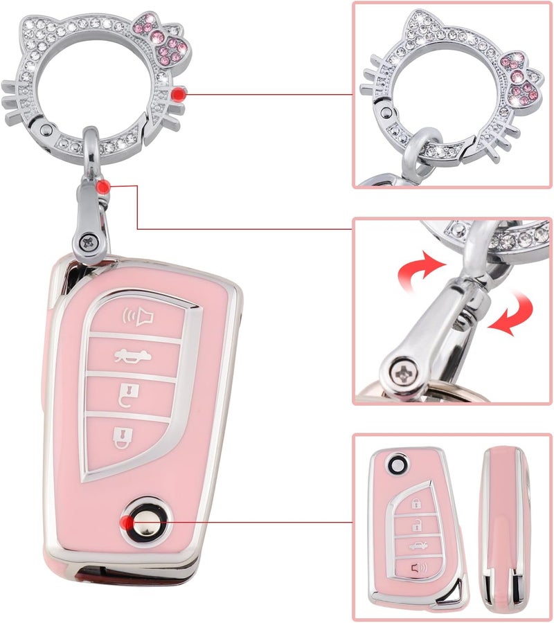 Pangpai Pink Key Fob Cover for Toyota, Soft TPU Key Case Protection with Bling Keychain Fit for Toyota Fortuner Tundra Camry RAV4 Highlander Corolla Smart Key Holder - Image 4