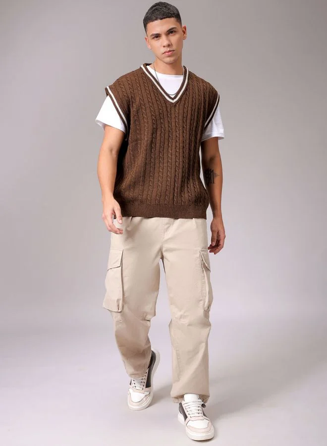 The Indian Garage Co Men Oversized Textured V-Neck Sweater