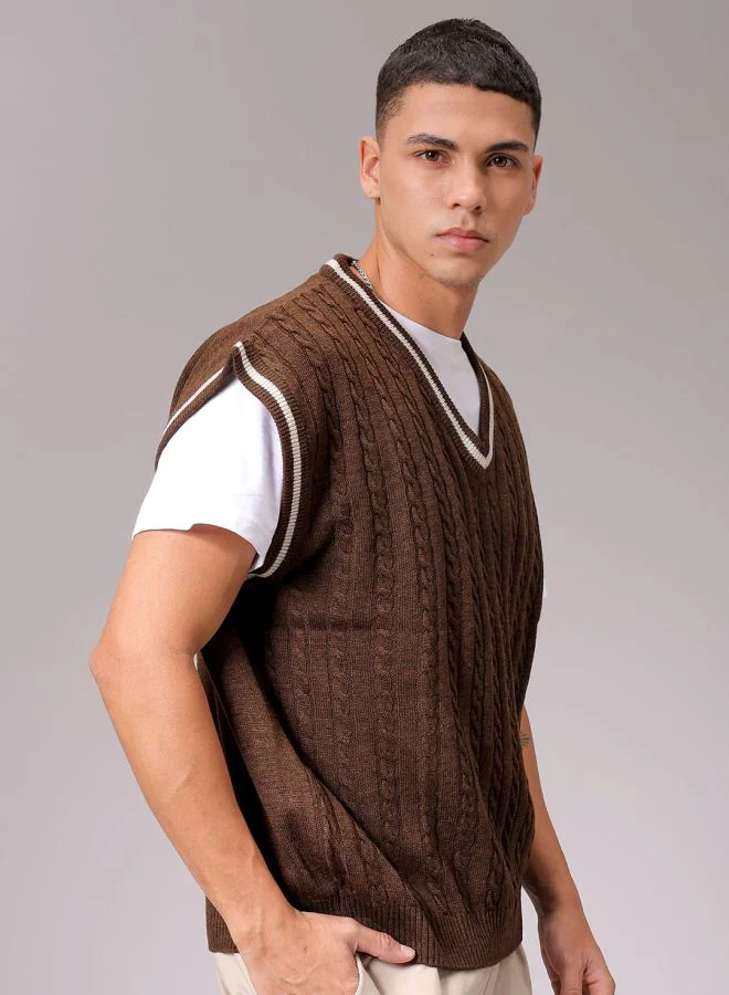 The Indian Garage Co Men Oversized Textured V-Neck Sweater