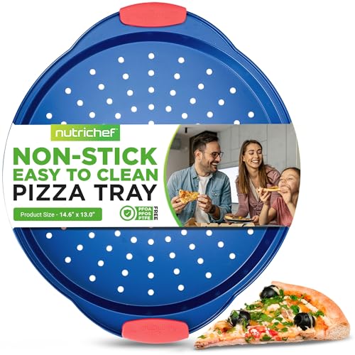 NutriChef 13Inch Nonstick Pizza Tray Round Carbon Steel NonStick Pizza Baking Pan with Perforated Holes Premium Bakeware Pizza Screen with Silicone Grip Handles Dishwasher Safe Blue