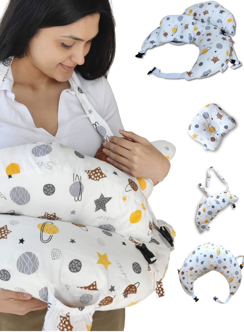 My Universe My Universe | XL Breastfeeding Baby Pillow with MyUni Safe-Straps| Washable Pillow & Lounger with Head Pillow and Bottle Pouch for Newborn (0-12 months)| Best Gift for Baby Shower (White) - Image 1