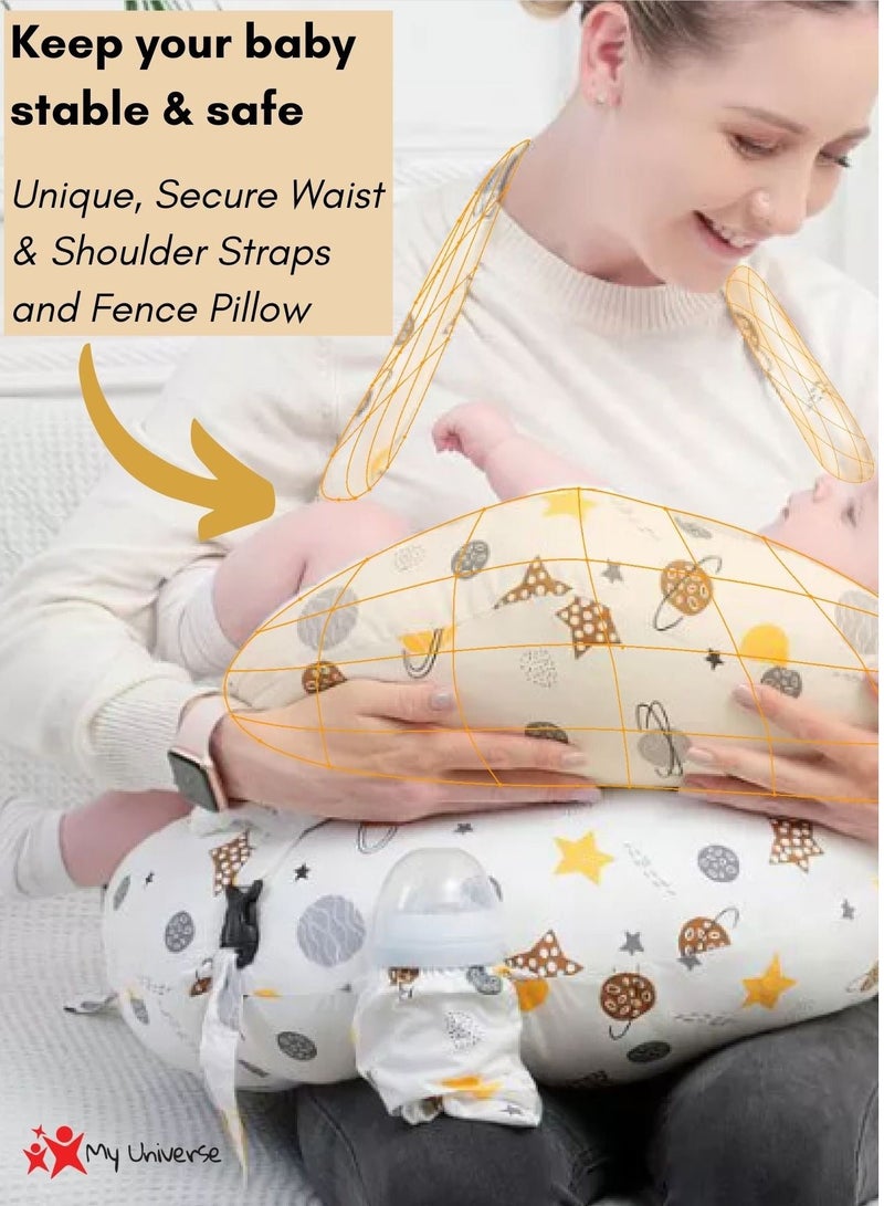 My Universe My Universe | XL Breastfeeding Baby Pillow with MyUni Safe-Straps| Washable Pillow & Lounger with Head Pillow and Bottle Pouch for Newborn (0-12 months)| Best Gift for Baby Shower (White) - Image 4