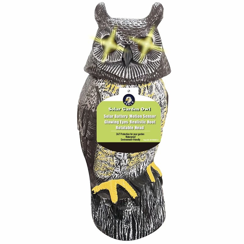 Ugold Solar Powered Owl with Motion Detection Silent Mode Flashing Eyes Rotatable Head and Realistic Hoots Plastic Owl Decoration for Home Garden Patio and Fence