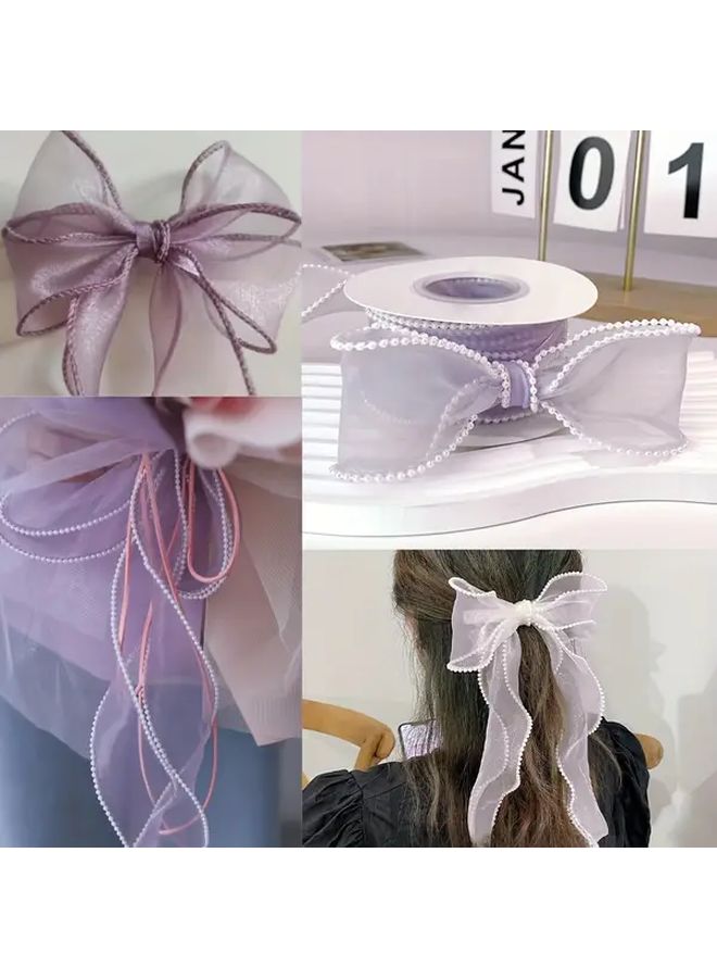 White ZZ SD HS Pearled Edged Transparent Fish Tail Gauze Ribbon 5 Yard Long 1.57 Inch Wide Craft Decorative Ribbon For Floral Bouquet Wreath Wedding Gift Wrapping Hair Accessories Bow Making DIY Crafts - Image 2