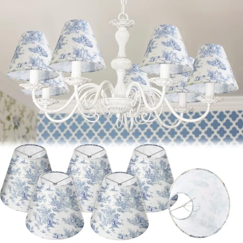 VIHOSE 6 Pcs Chandelier Lamp Shades Small Lamp Shade 3" Top x 6'' Bottom x 5'' Slant French Countryside Toile Clip on Lampshade for Wall Sconces Pendant Lighting(Crane and Human,Blue and White) - Image 1