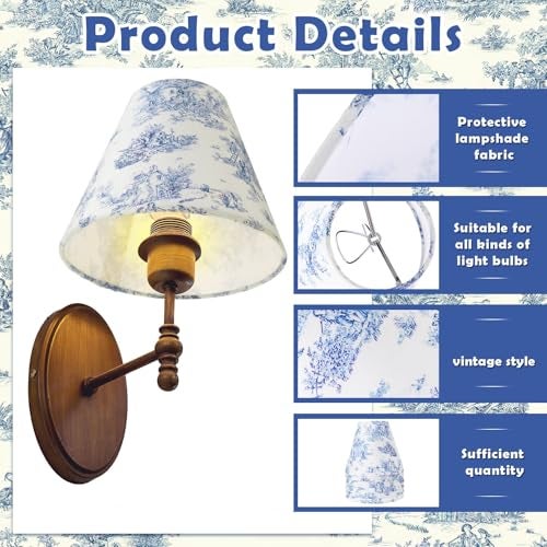 VIHOSE 6 Pcs Chandelier Lamp Shades Small Lamp Shade 3" Top x 6'' Bottom x 5'' Slant French Countryside Toile Clip on Lampshade for Wall Sconces Pendant Lighting(Crane and Human,Blue and White) - Image 3