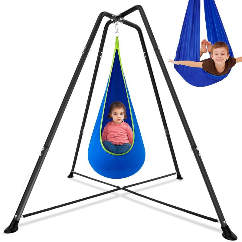 Lingvee Swing Stand Frame with Sensory Pod Chair and Swings Set Kid Heavy-Duty Metal Swing Frame Hammock Chair Stand Tree Saucer Sensory Round for Kids Adult Indoor Outdoor Backyard Park(Blue) - Image 1