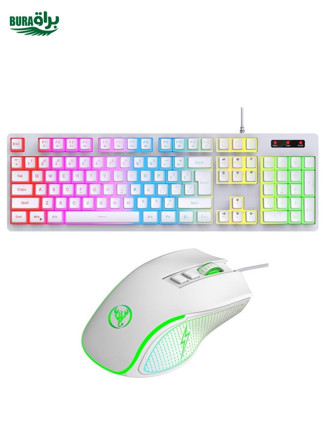 BURAQ HXSJ L200+X100 Wired RGB Backlit Keyboard and Mouse Set 104 Pudding Key Caps + 3600DPI Mouse(White)  - Image 1