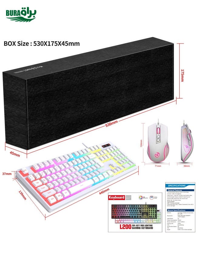 BURAQ HXSJ L200+X100 Wired RGB Backlit Keyboard and Mouse Set 104 Pudding Key Caps + 3600DPI Mouse(White)  - Image 3